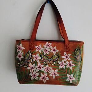 Vintage Mystique Floral Hand Painted Brown Leather Purse Bag Art Quiet Luxury